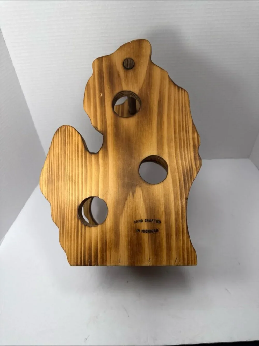 Handmade Hand Crafted Michigan Shaped Wine Rack Wooden 3 Bottle Carrier Handle